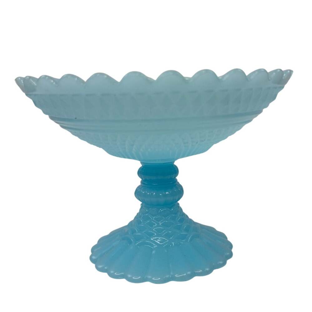 VINTAGE Blue Opaline Milk Aqua Pedestal Candy Bowl Glass Diamond Ruffled Rim VTG